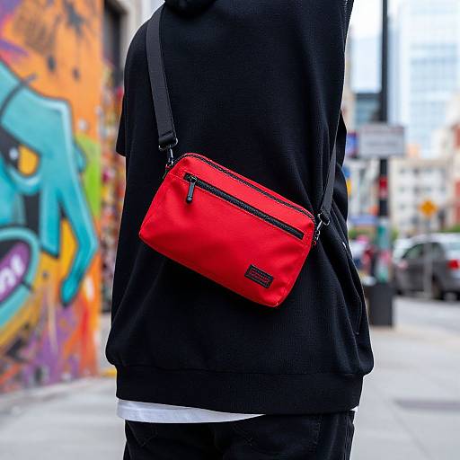 Photograph of a person wearing a black hoodie, black pants, and a bright red zippered pouch on their back, standing in front of a colorful