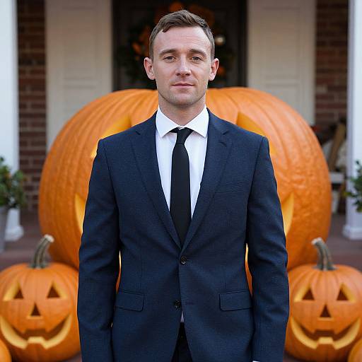 Photograph of a man in a black suit, white shirt, and black tie standing in front of large, carved pumpkins.