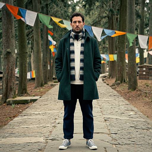 Photograph of a bearded man with dark hair, wearing a black coat, white and black plaid shirt, black pants, and white sneakers,