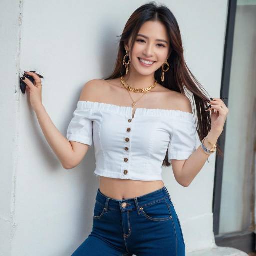 Smiling Asian Woman in White Off-Shoulder Crop Top and Blue Jeans