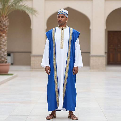 Photograph of a Black man in white traditional attire with blue robe, gold trim, and headpiece, standing in a courtyard with arches and palm