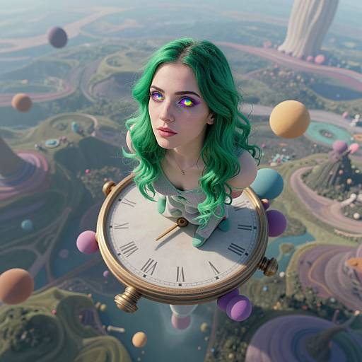 Digital artwork of a green-haired woman with glowing eyes, dressed in a white off-shoulder top, floating above a surreal, colorful clock face over