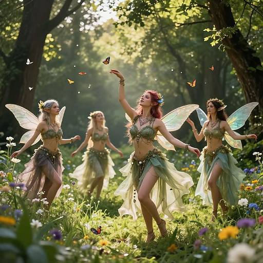 Photograph of four fairy-like women with translucent wings, green leafy skirts, and flower crowns, dancing in a sunlit, colorful forest,