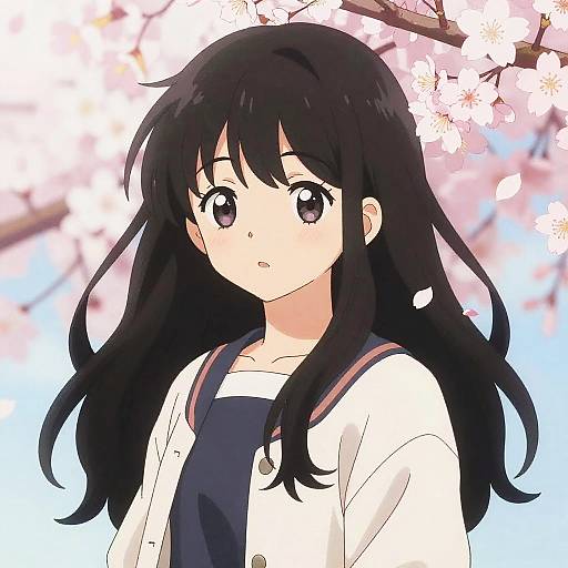Anime Girl with Black Hair and Cherry Blossoms