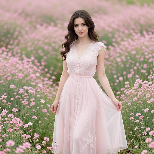 Photograph of a young woman with long brown hair, wearing a white lace dress, standing in a pink wildflower field.