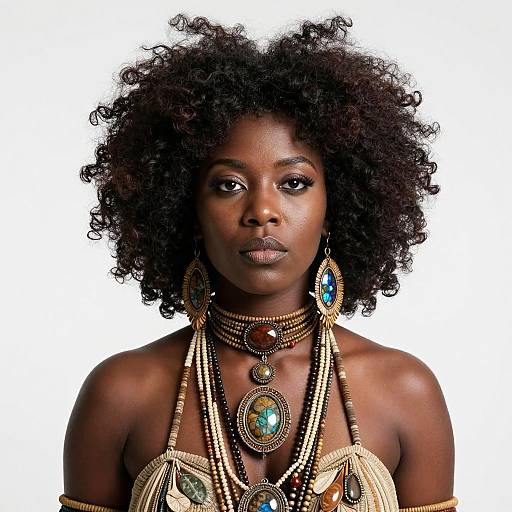 Photograph of a beautiful, dark-skinned African woman with natural, curly afro, wearing intricate gold and turquoise jewelry, against a white background.