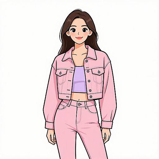 Digital illustration of a smiling young woman with long brown hair, wearing a light pink jacket and matching pants over a lavender top. White background.