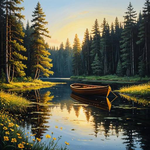 Serene Forest Clearing with a Floating Boat Serene Forest Clearing with a Floating Boat