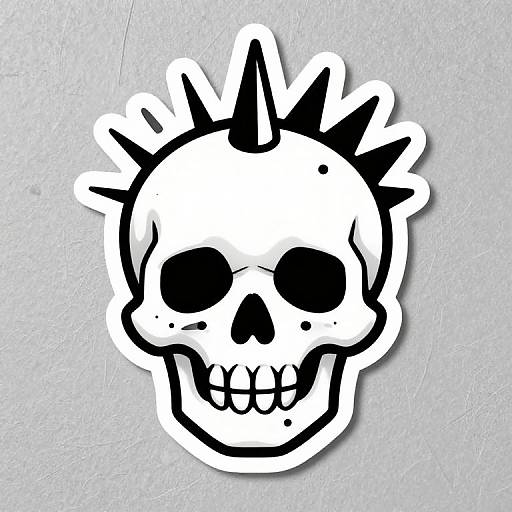 Black and white skull sticker with spiked crown, bold outlines, and hollow eyes and teeth, on a textured gray background.