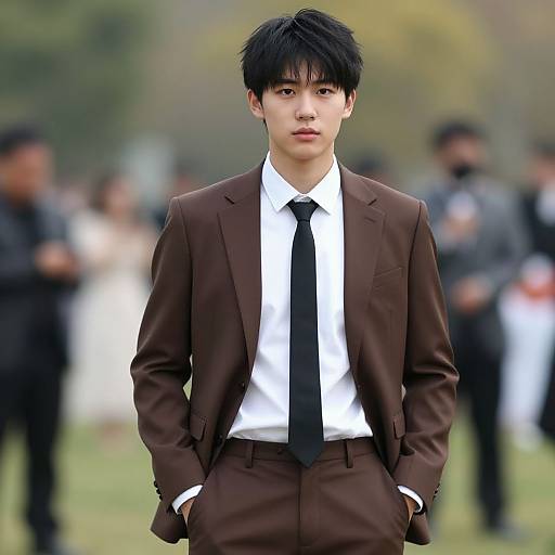 Photograph of a young Asian man with black hair, wearing a brown suit, white shirt, and black tie, standing confidently with hands in pockets,