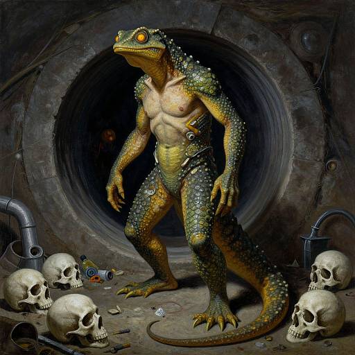 Digital artwork of a muscular, anthropomorphic lizard with yellow-green scales, standing in a dark, circular tunnel. Surrounding it are five skulls and scattered