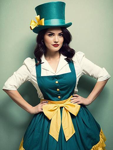 Woman in Green Hatter Costume with Yellow Bow