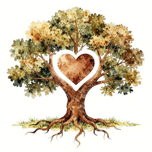 Watercolor illustration of a tree with heart-shaped opening in trunk, surrounded by green and yellow foliage, set against a white background.