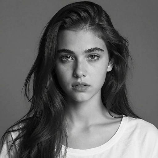 Black-and-white portrait photograph of a young woman with long, wavy dark hair, wearing a white shirt, staring directly into the camera with a neutral