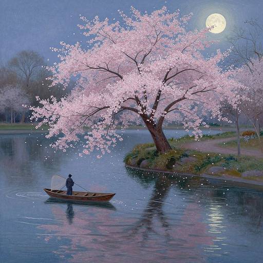 Digital painting of a serene night scene: a lone fisherman in a small wooden boat under a glowing full moon, with a pink cherry blossom tree reflecting