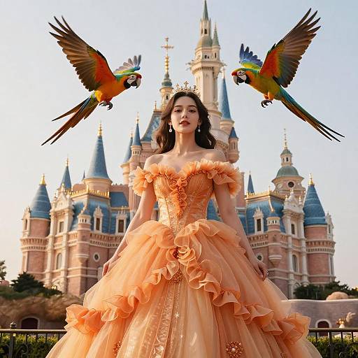 Photograph of a fair-skinned woman in an orange, ruffled ball gown with a tiara, standing before a castle, flanked by two