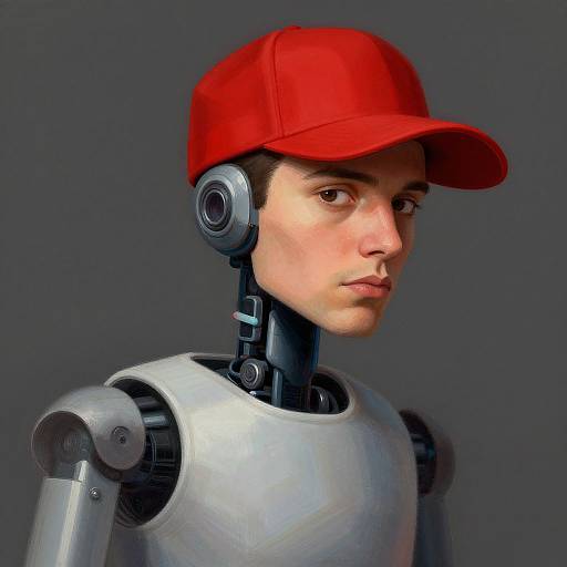 Robot with Human Face Wearing Red Cap