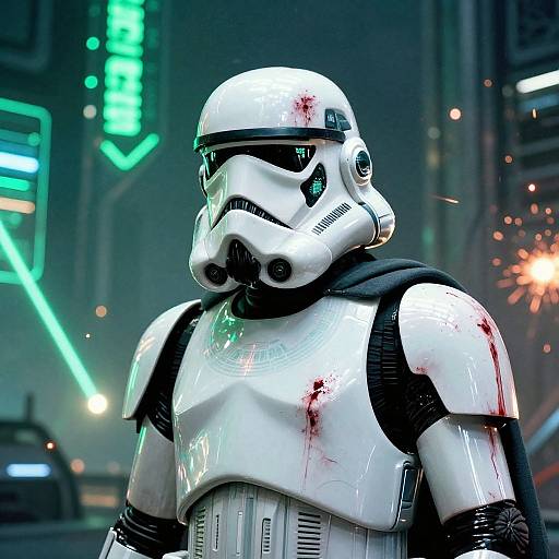 Photorealistic CGI of a blood-stained white Stormtrooper helmet and armor, standing on a neon-lit city street with green lights and fireworks