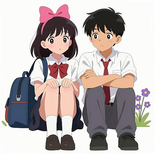 Japanese Schoolchildren Illustration with Flowers