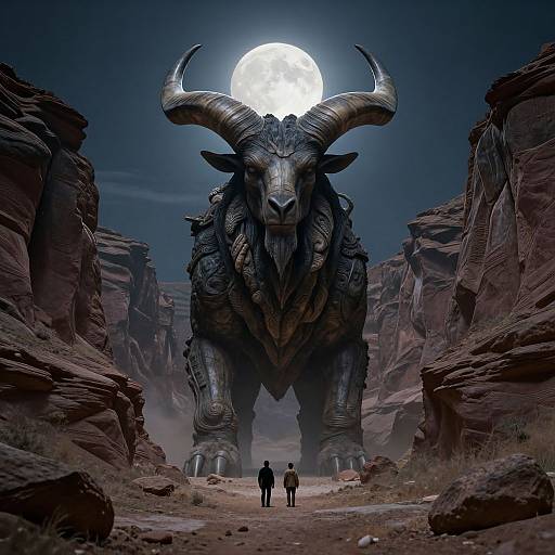 Digital artwork of a massive, horned, armored bull with intricate detailing, standing in a desert canyon under a full moon. Two small figures stand in