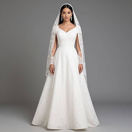 Photograph of a bride with long black hair, wearing a white lace wedding dress with a V-neck, long sleeves, and a veil, standing against