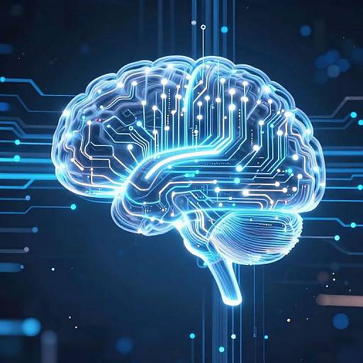 Digital illustration of a glowing, neon-blue human brain with circuit lines and sparks, set against a dark, tech-themed background.