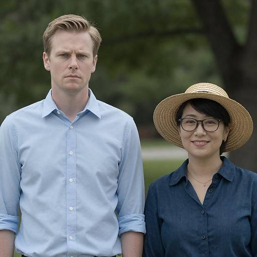 Photograph of a tall, serious-looking Caucasian man in a light blue shirt standing beside a smiling Asian woman with glasses and a straw hat, wearing a