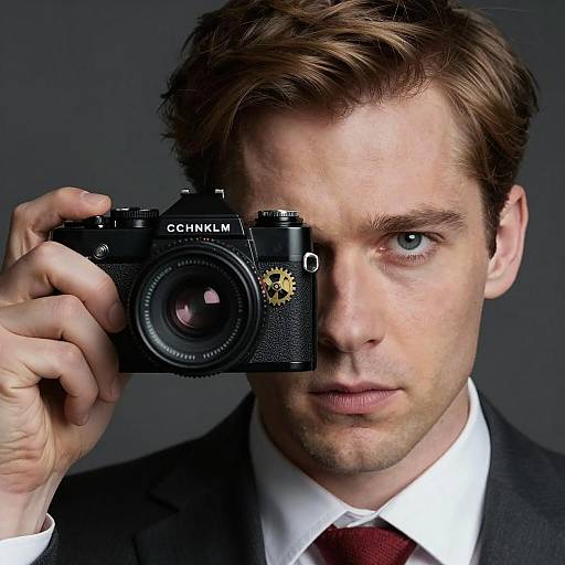 Focused Man with Vintage Camera Close-Up