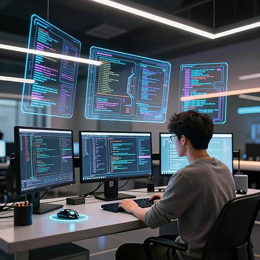 Photograph of a young man with curly dark hair, wearing a gray shirt, working at a computer station with four monitors displaying colorful code. Hovering