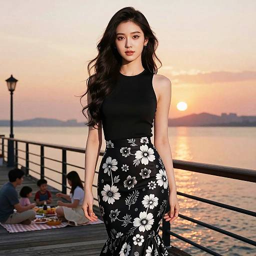 Photograph of an East Asian woman with long, wavy black hair, wearing a black sleeveless top and black floral skirt, standing on a wooden