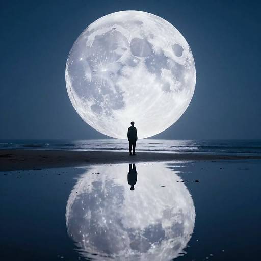 Silhouetted figure standing before enormous, glowing full moon reflected in dark, still water. Digital art in blue and white.