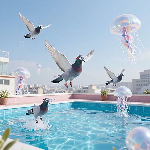 Surreal Pigeons Swimming in Air