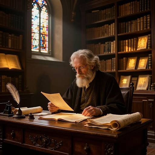 Photograph of an elderly white man with a white beard, black robe, reading papers at a wooden desk in a dimly lit, book-filled library