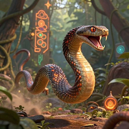 Digital illustration of a vividly colored, red-eyed snake with an open mouth, coiled in a lush, enchanted forest. Neon symbols and glowing orbs