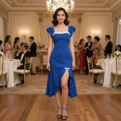 Photograph of a brunette woman in a blue, short-sleeve, thigh-high slit dress with white trim, black heels, standing in an elegant