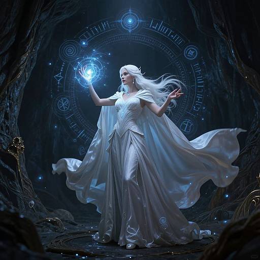 Digital artwork of a white-haired, ethereal woman in flowing white gown, conjuring a glowing blue orb in a dark, mystical cave with celestial symbols