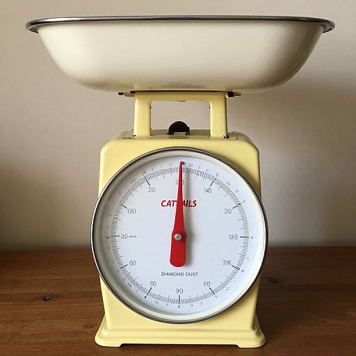 Photograph of a vintage yellow Catillus balance scale with a white bowl and red needle on a white dial, standing on a wooden surface against a plain