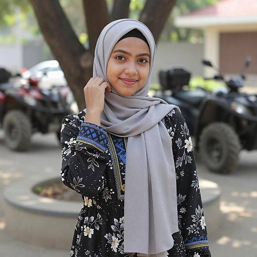 Photograph of a smiling young woman with light brown skin, wearing a gray hijab and black floral dress, standing outdoors with ATVs in the background