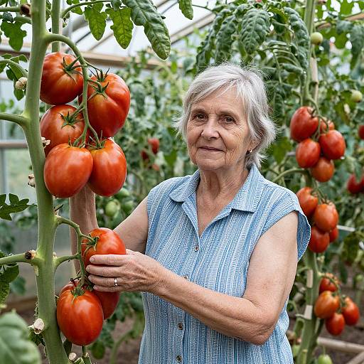 Photograph of an elderly woman with short white hair, wearing a blue checkered sleeveless shirt, holding ripe tomatoes in a greenhouse.