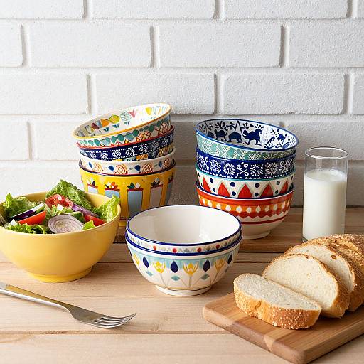 Colorful ceramic bowls and plates with geometric patterns, yellow bowl with salad, sliced bread, glass of milk, fork on wooden table, white brick wall