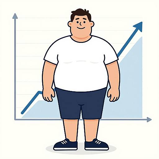 Cartoon of a chubby man in a white shirt, blue shorts, and black sneakers, standing against a light blue graph background with an upward arrow.