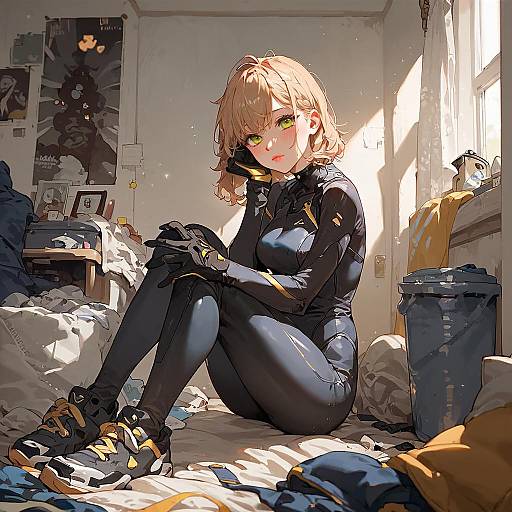 Embarassed Anime Girl in Messy Room