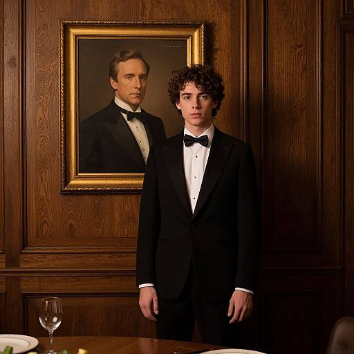 Photograph of a young man with curly hair in a black tuxedo standing in front of a wooden-paneled wall with a framed portrait of an