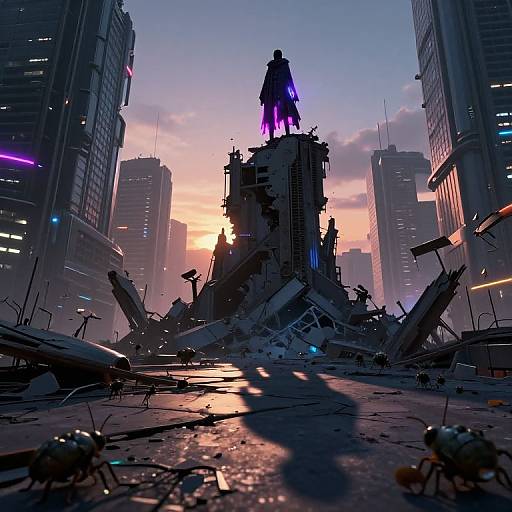 Digital art: Cyberpunk cityscape at sunset, featuring a silhouetted figure with glowing purple lights standing atop a ruined skyscraper amidst scattered debris