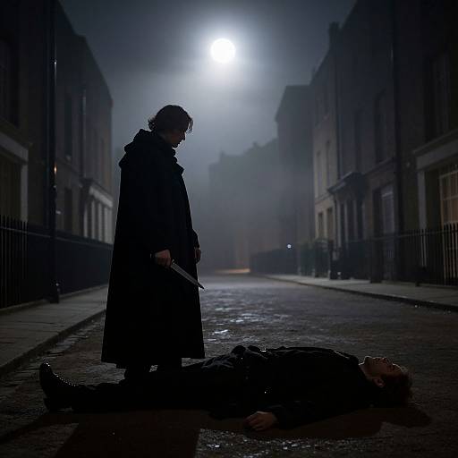 Silhouetted figure in dark coat stands over a fallen person on a foggy, moonlit street, holding a knife. Dark, moody