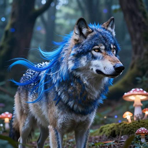 Digital artwork of a blue-maned wolf with glowing eyes, standing in a mystical forest with glowing mushrooms, showcasing vibrant colors and detailed fur.