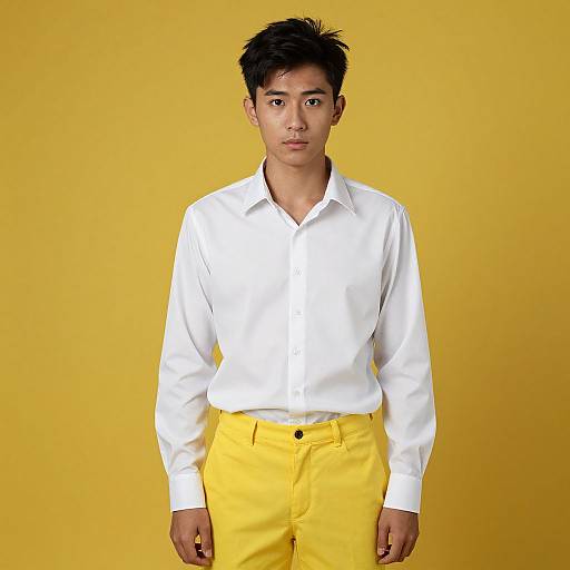Photograph of a young Asian man with short black hair, wearing a white button-up shirt and bright yellow pants, against a solid yellow background.