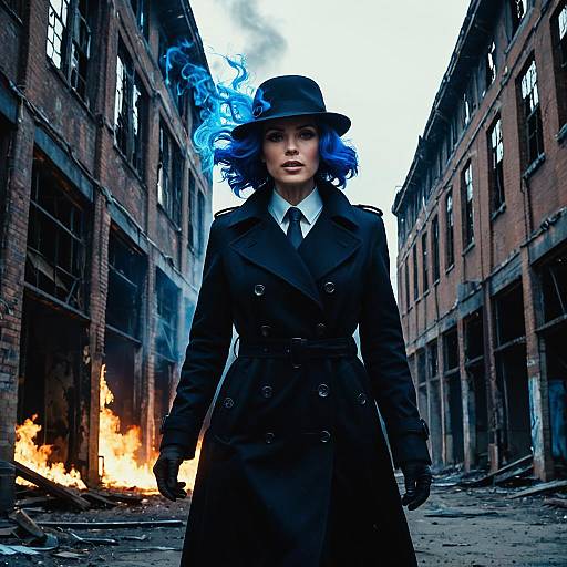 Woman in Black Trench Coat with Blue Flaming Wig in Abandoned Warehouse