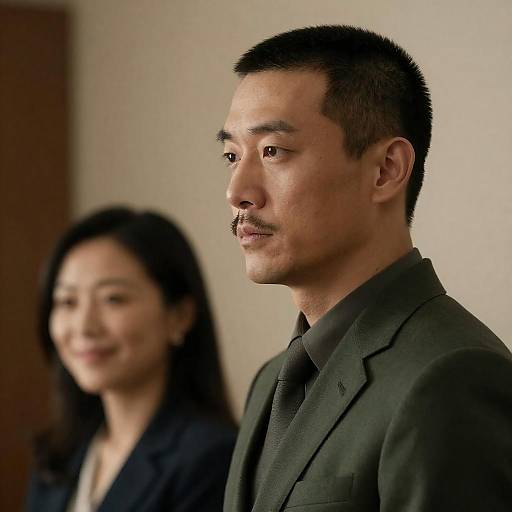 Photograph of an Asian man with short black hair and mustache, wearing a black suit, looking to the right, with a blurred Asian woman in
