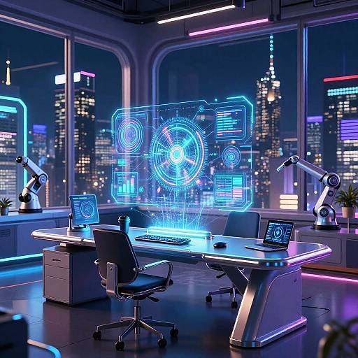 Futuristic Neon Workspace with Holograms